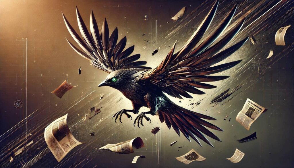 A sleek blackbird with a glowing green eye soars through a sepia sky, surrounded by floating rolled-up newspapers and debris.