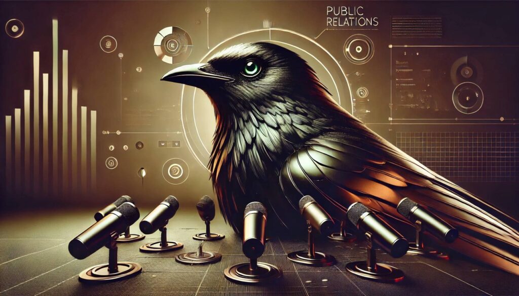 A tech-inspired blackbird with glowing green eye, angled powerfully, surrounded by sleek microphones in a dark, sepia-toned setting.