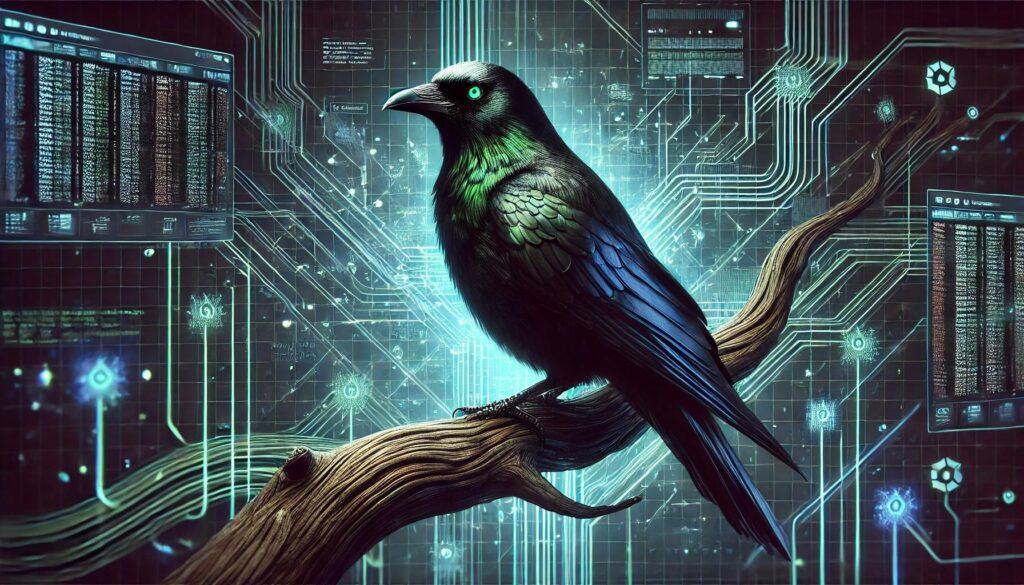 A lifelike blackbird with vivid green eyes and iridescent feathers sits perched on a branch against a dark data-filled background.