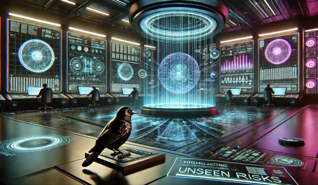 A futuristic control room with holographic displays, a glowing data sphere, and a blackbird perched on a console labeled UNSEEN RISKS.