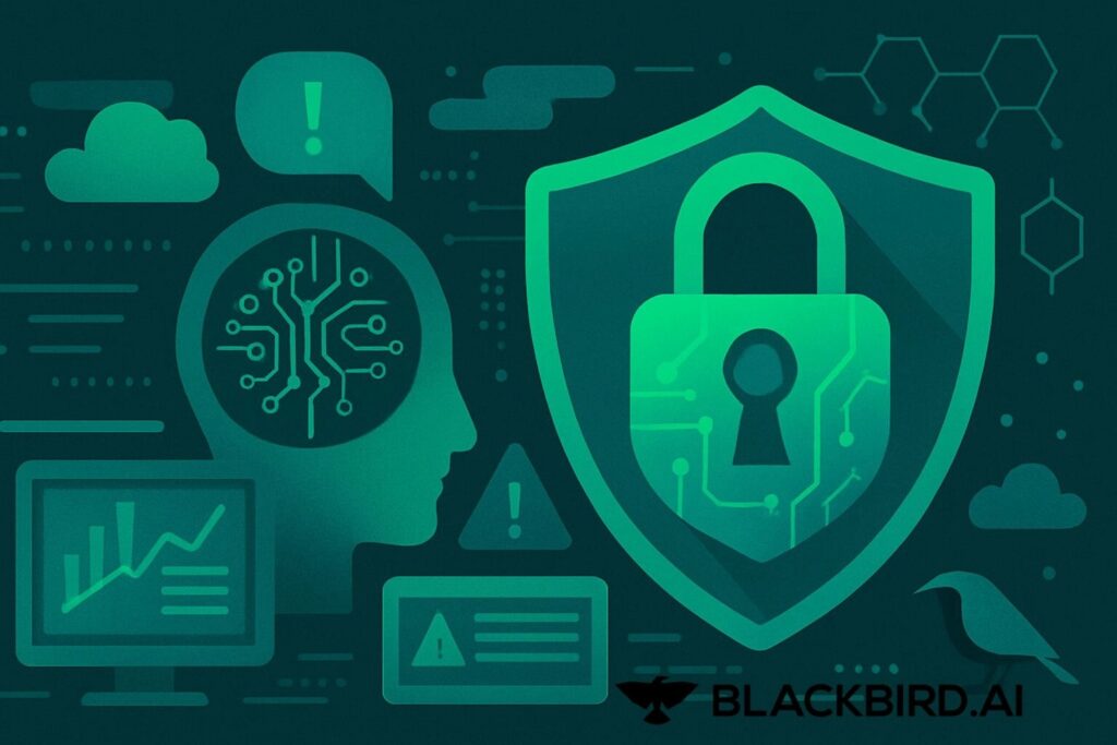 Feature image Flat-style illustration of AI-powered narrative intelligence showing a padlock, computer screen, and neural head profile with digital network lines, branded Blackbird.AI.