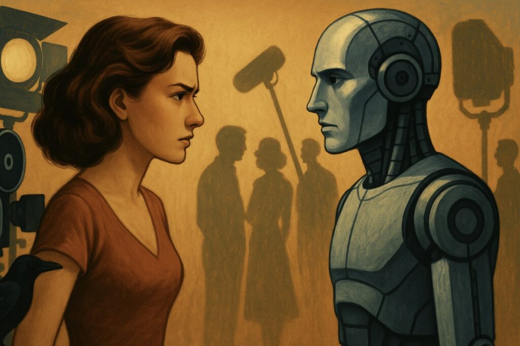 A woman and a humanoid robot face each other on a film set, with crew silhouettes and equipment in the warm-toned background.