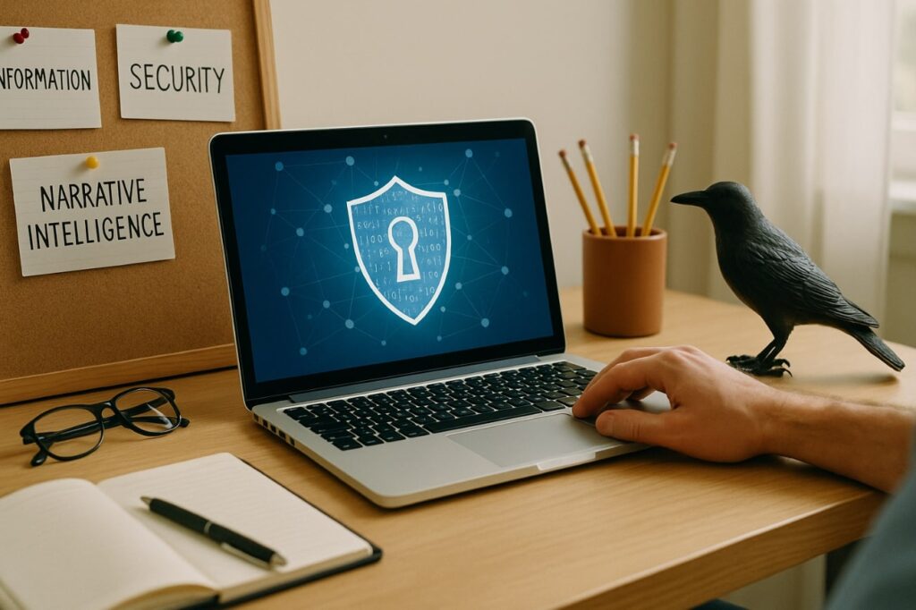 a blackbird at a computer on a desk