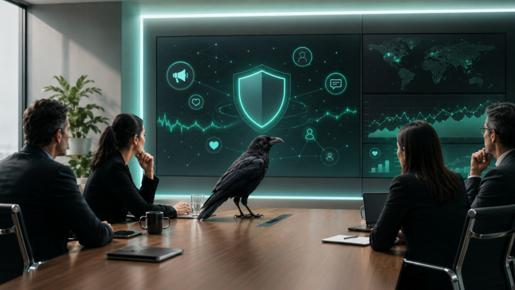 Blackbird on a boardroom table as executives review brand protection dashboards with shield and threat icons.