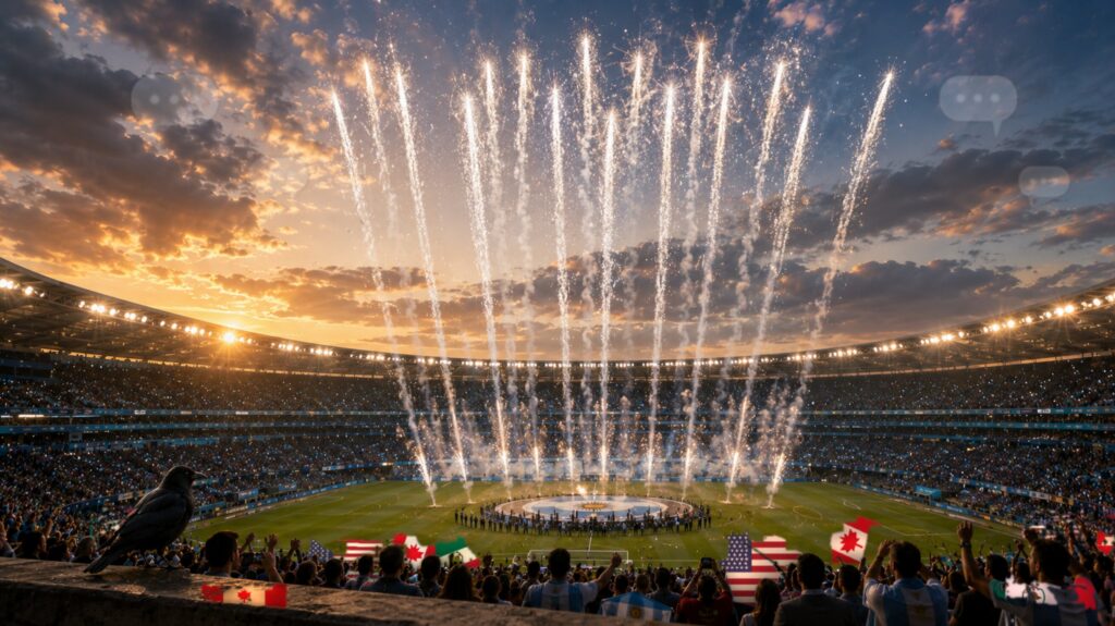 Fireworks launch from a packed stadium during an international sporting event as fans wave national flags at sunset.