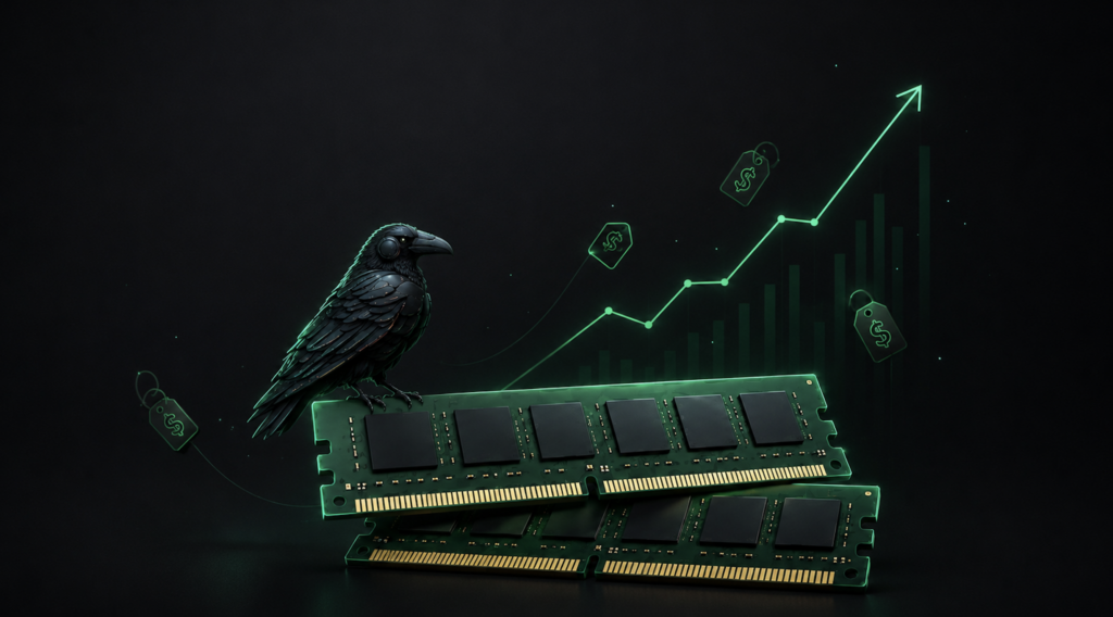Black raven perched on RAM memory modules with rising price chart and dollar-sign tags against a dark background.
