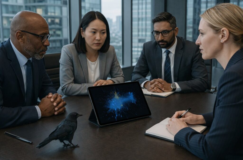 Four executives in a boardroom reviewing a narrative intelligence visualization on a tablet, with a blackbird on the table.
