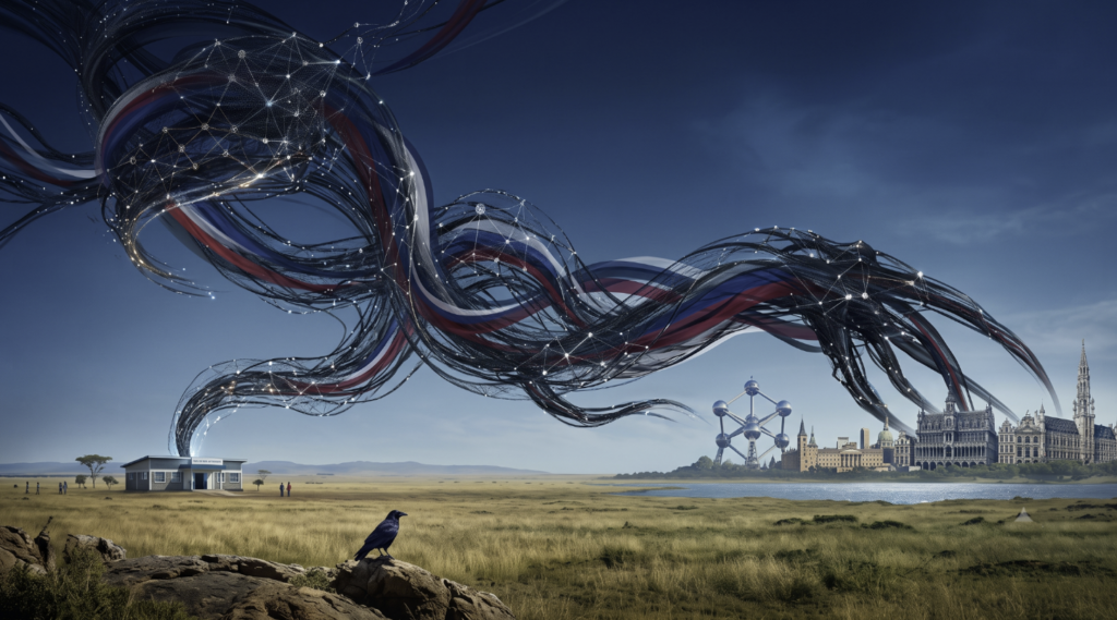 Surreal landscape with interconnected dark tendrils spreading from an African setting toward European landmarks, symbolizing