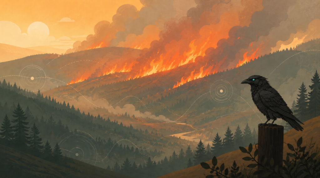 Blackbird perched on a post overlooking a wildfire engulfing forested hills, with concentric signal rings across the