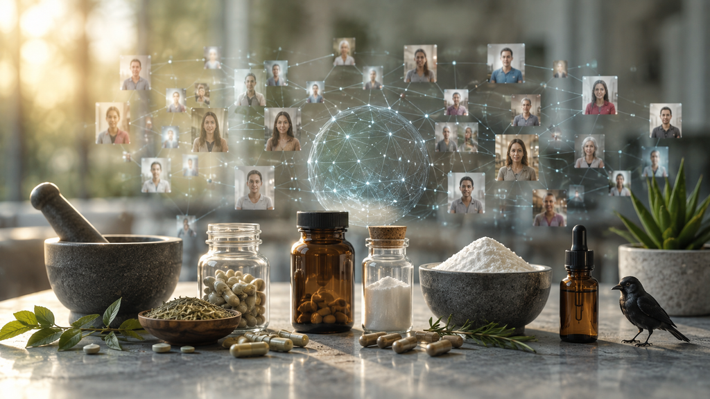 Herbal supplements and wellness products on a table with a connected network of people's portraits floating above.