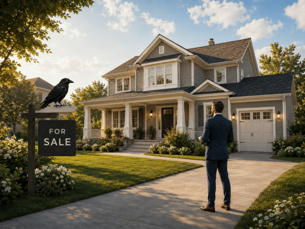 Suited professional standing before a suburban home with a "For Sale" sign topped by a perched blackbird.