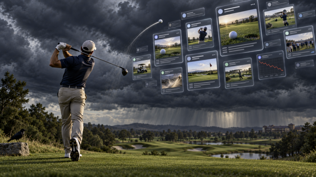 Golfer mid-swing on a course under stormy skies, with social media post cards floating in the clouds above the landscape.