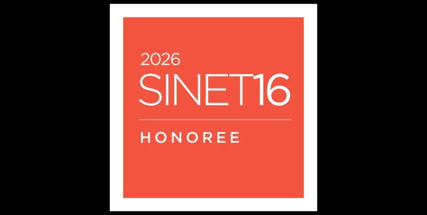 2026 SINET16 Honoree badge in white text on a red-orange square background with a white border.