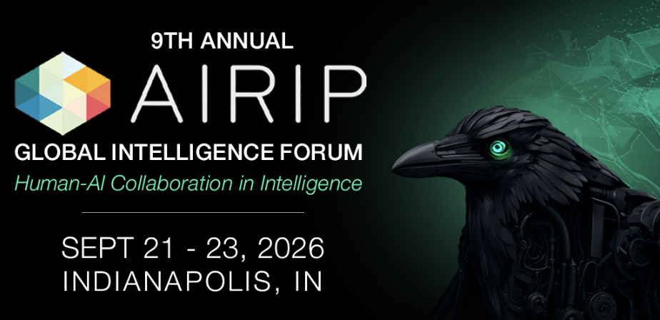 AIRIP 9th Annual Global Intelligence Forum banner, September 21–23, 2026, Indianapolis, with a cybernetic raven graphic.