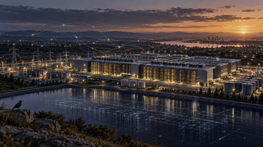 Large data center complex at dusk with power grid infrastructure and digital network connection lines overlaying the skyline.