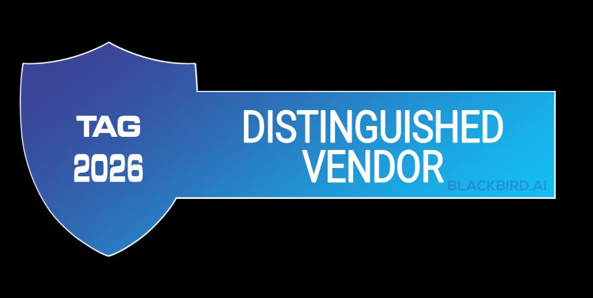 TAG 2026 Distinguished Vendor badge featuring a blue shield icon with the Blackbird.AI name.
